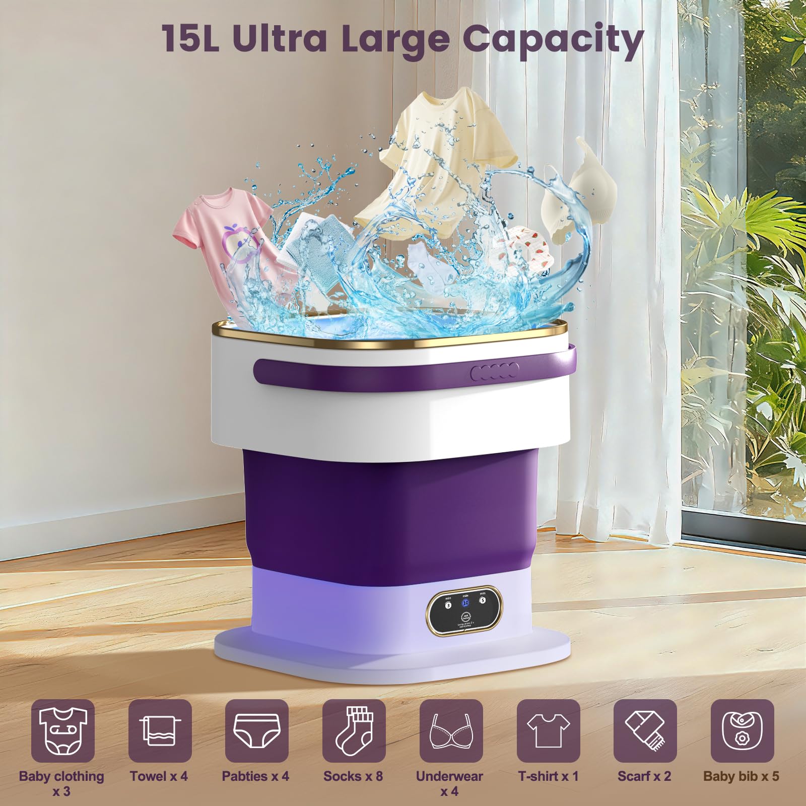 Mini Lavatrice,15L 2 in 1 Lavatrice Portatile con Centrifuga e 3 modalità di pulizia per Piccoli vestiti, Lavatrice da Campeggio Pieghevole per Viaggi, Appartamenti (Viola)