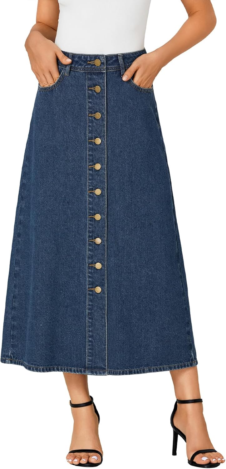 Vrtige Women's Casual Button Down High Waisted A Line Jean Midi Long Denim Skirt with Pockets