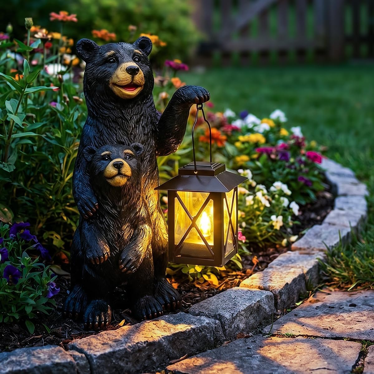 Black Bear Garden Statue with Solar Lantern, Bear Figurine Lights for Outside, Yard Garden Decor Unique Birthday Housewarming Gifts for Women, Mom