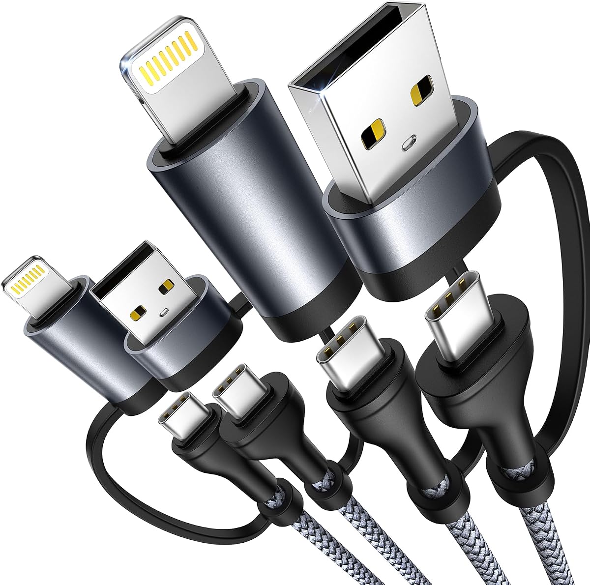Cable de carga 4 en 1 [2 unidades de 6.6 pies] Cable de carga rápida Cable Lightning certificado Apple MFi Nylon trenzado 60W Cable multi USB C para iPhone 16/15 14 13 12 iPad Samsung Galaxy MacBook iPad Tablets