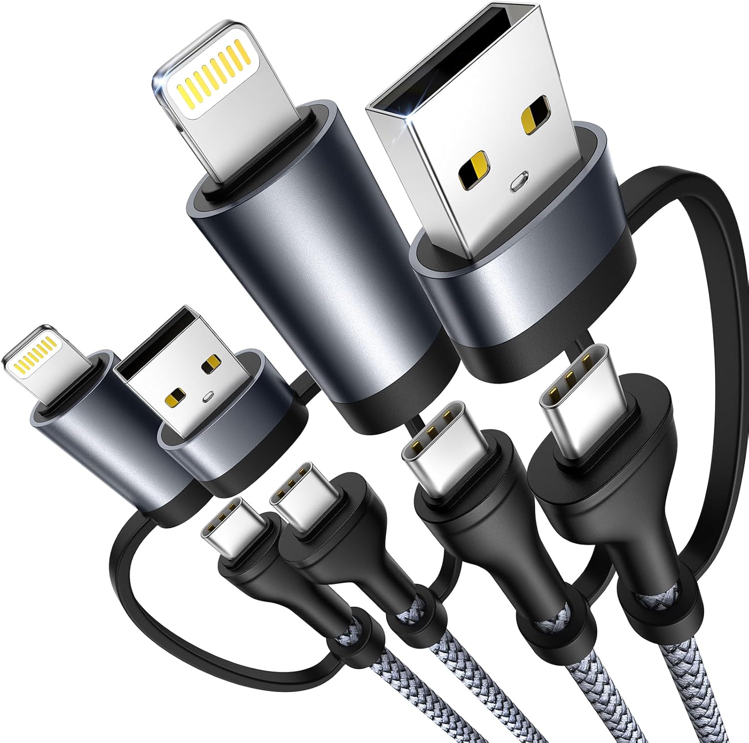 XUDUO 4 in 1 Charging Cable [2Pack 6.6FT] Fast Charging Cord Apple MFi Certified Lightning Cable Nylon Braided 60W Multi USB C Cable for iPhone 16/15 14 13 12 iPad Samsung Galaxy MacBook iPad Tablets