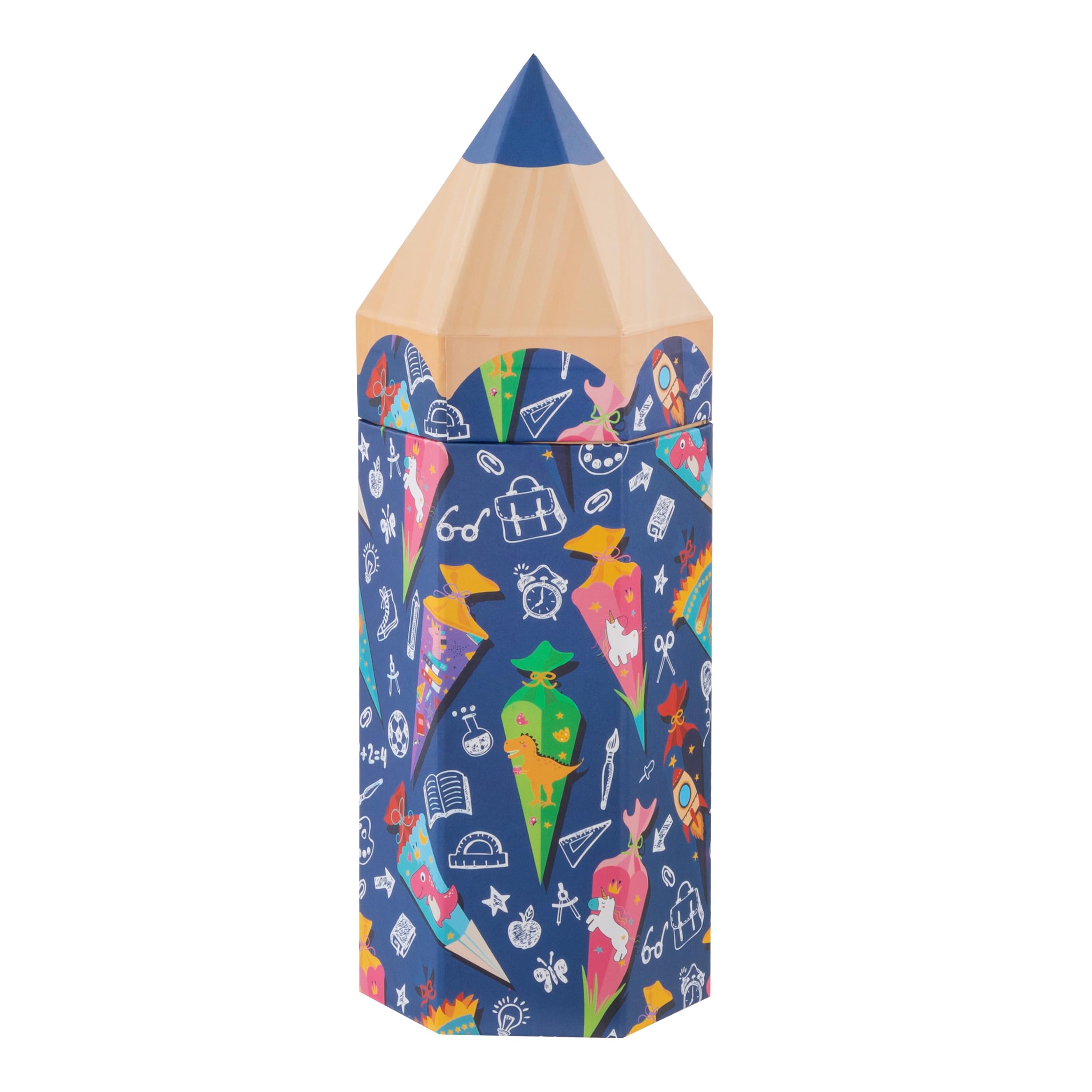 Idena 31921 Gift Box with Lid in the Size 10 x 27 x 9 cm, in Pen Shape, Gift Box with Colourful School Cone Motif for Back to School