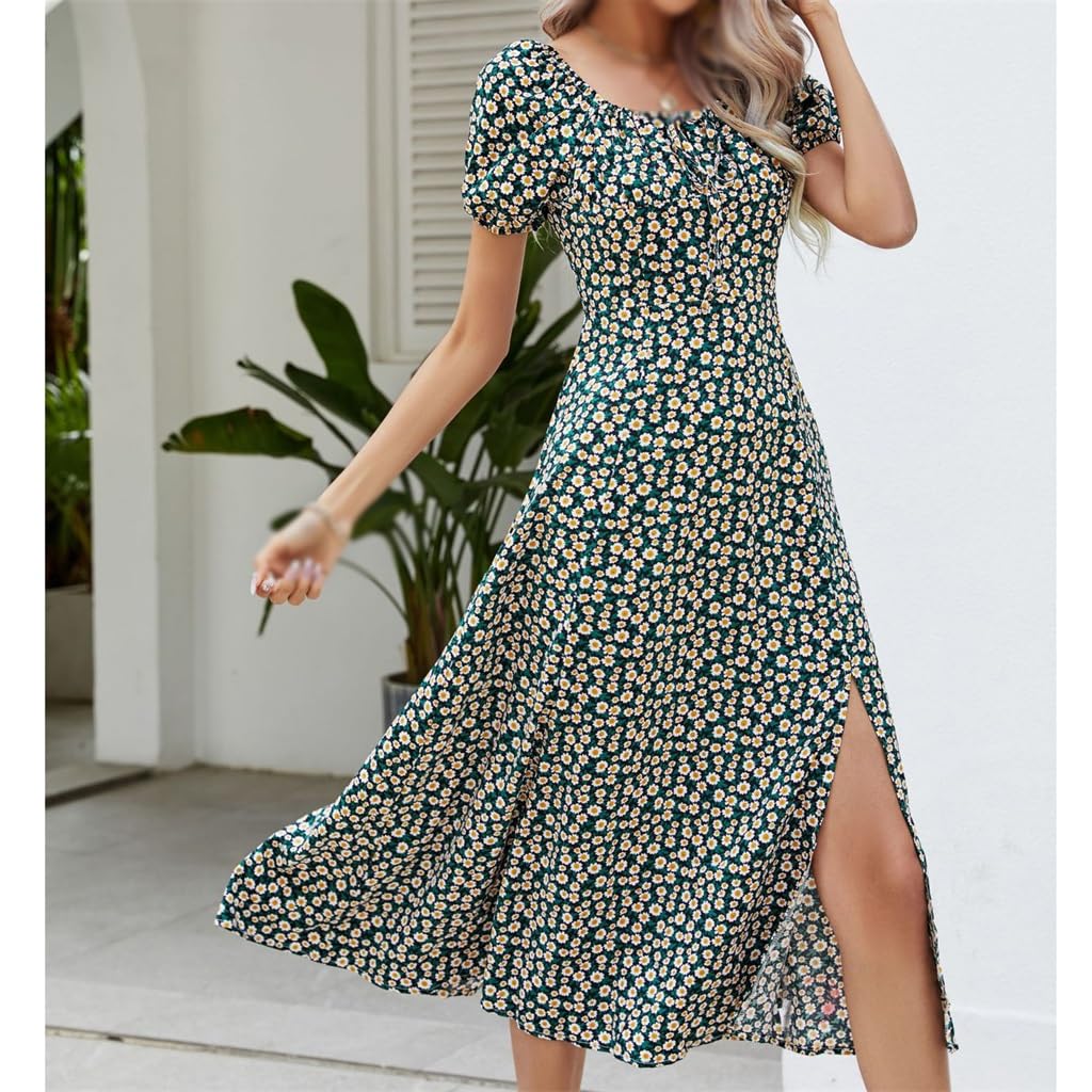 NSUQOA Women's Square Neck Puff Sleeve French Tea Break Dress INS Trend  Floral Dress Beach Dress(Medium) at Amazon Women's Clothing store