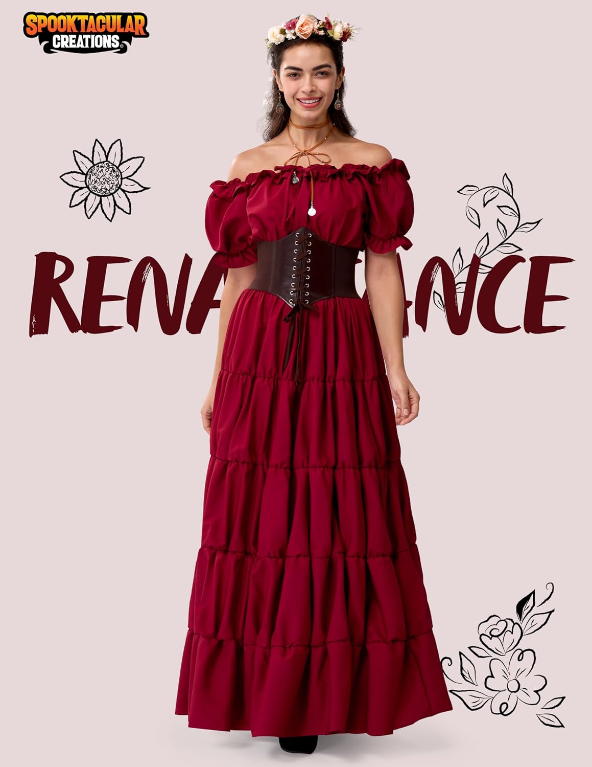 Spooktacular Creations 5Pcs Halloween Renaissance Medieval Dress Costume Women, Fairy Peasant Irish Cottagecore Dress