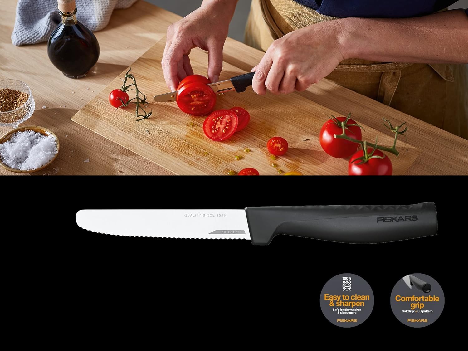 Fiskars Tomato Knife, Hard Edge, Elegant Design, Total Length: 23.4 cm, Stainless Steel/Plastic, 1054947