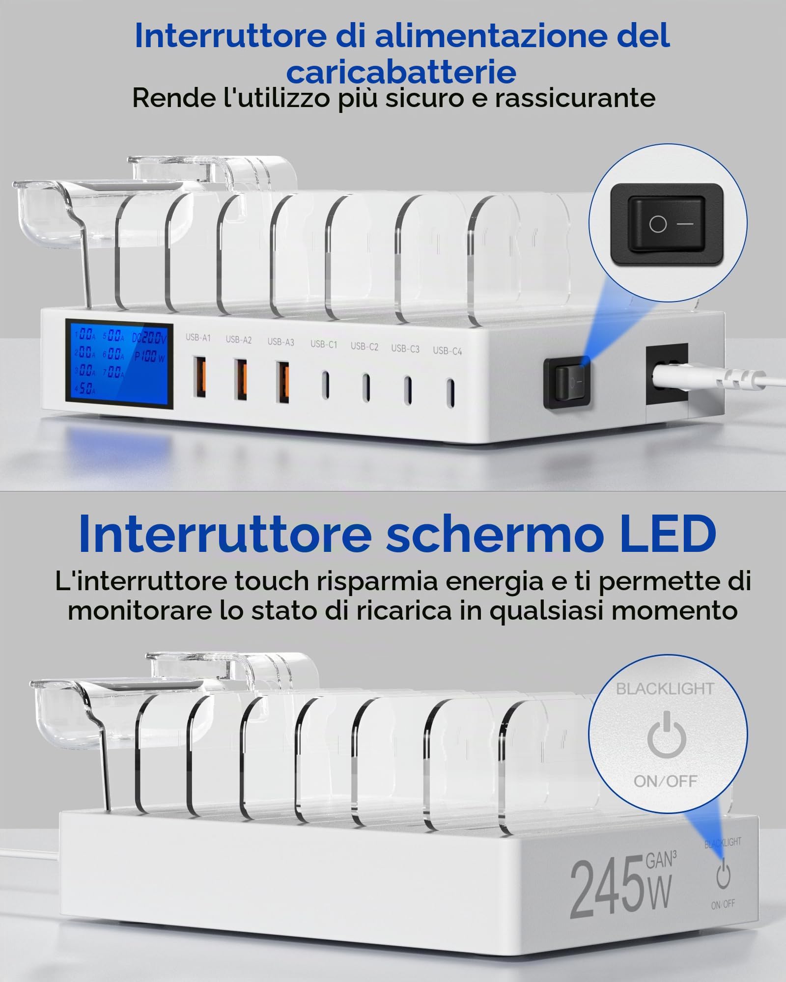 Stazione di Ricarica da 245W, 7 Porte Dispositivi Multipla USB, con schermo LCD Stazione Ricarica Cellulari per iPhone, Tablet e Altri Dispositivi Elettronici（Senza cavo di ricarica）-bianco