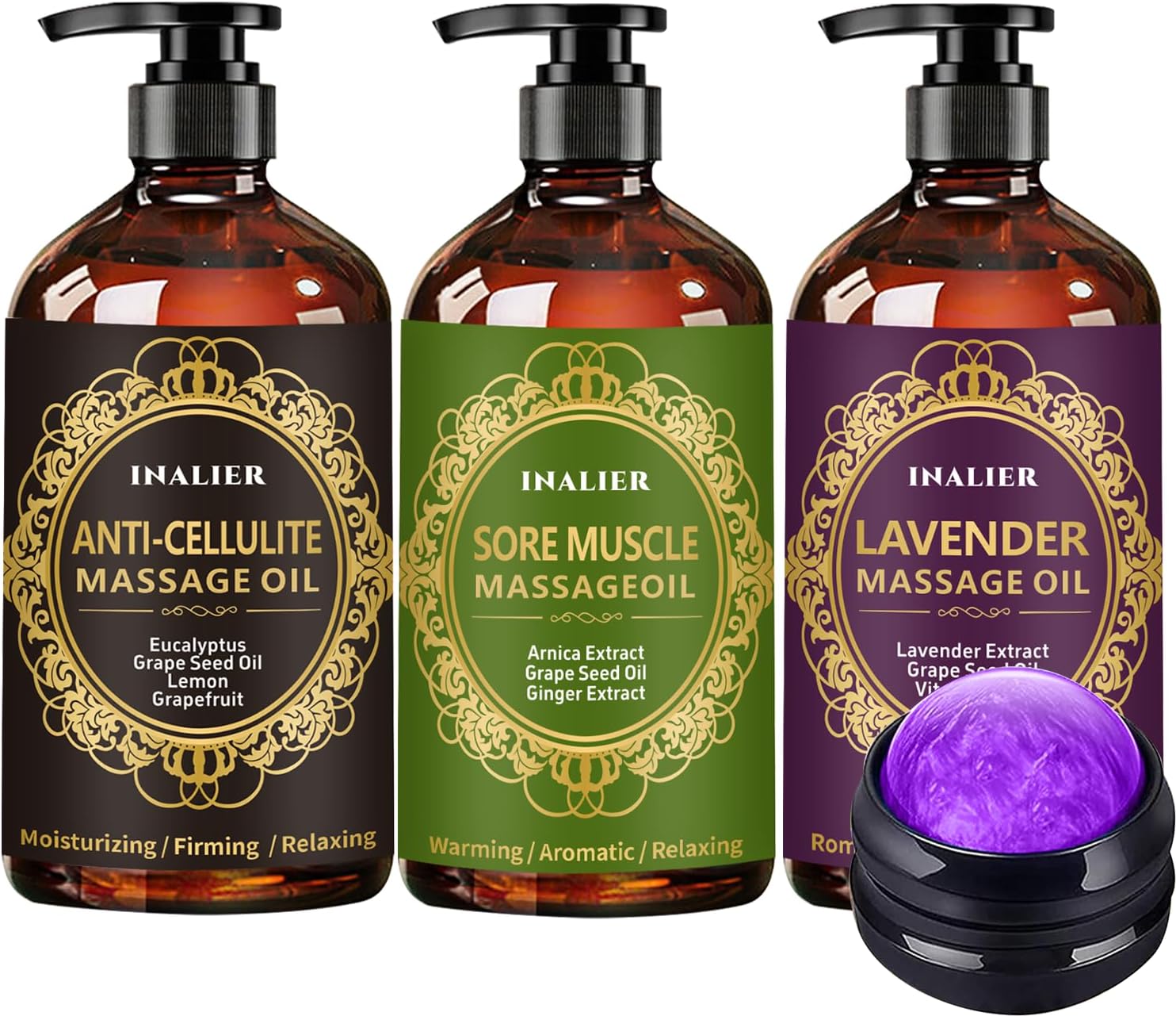 Massage Oils for Massage Therapy,Massage Kit Gifts for Women Men with Arnica, Lavender,Spa Gifts,3 Pack Cellulite,Sore Muscle & Lavender Massage Oils with Massage Ball