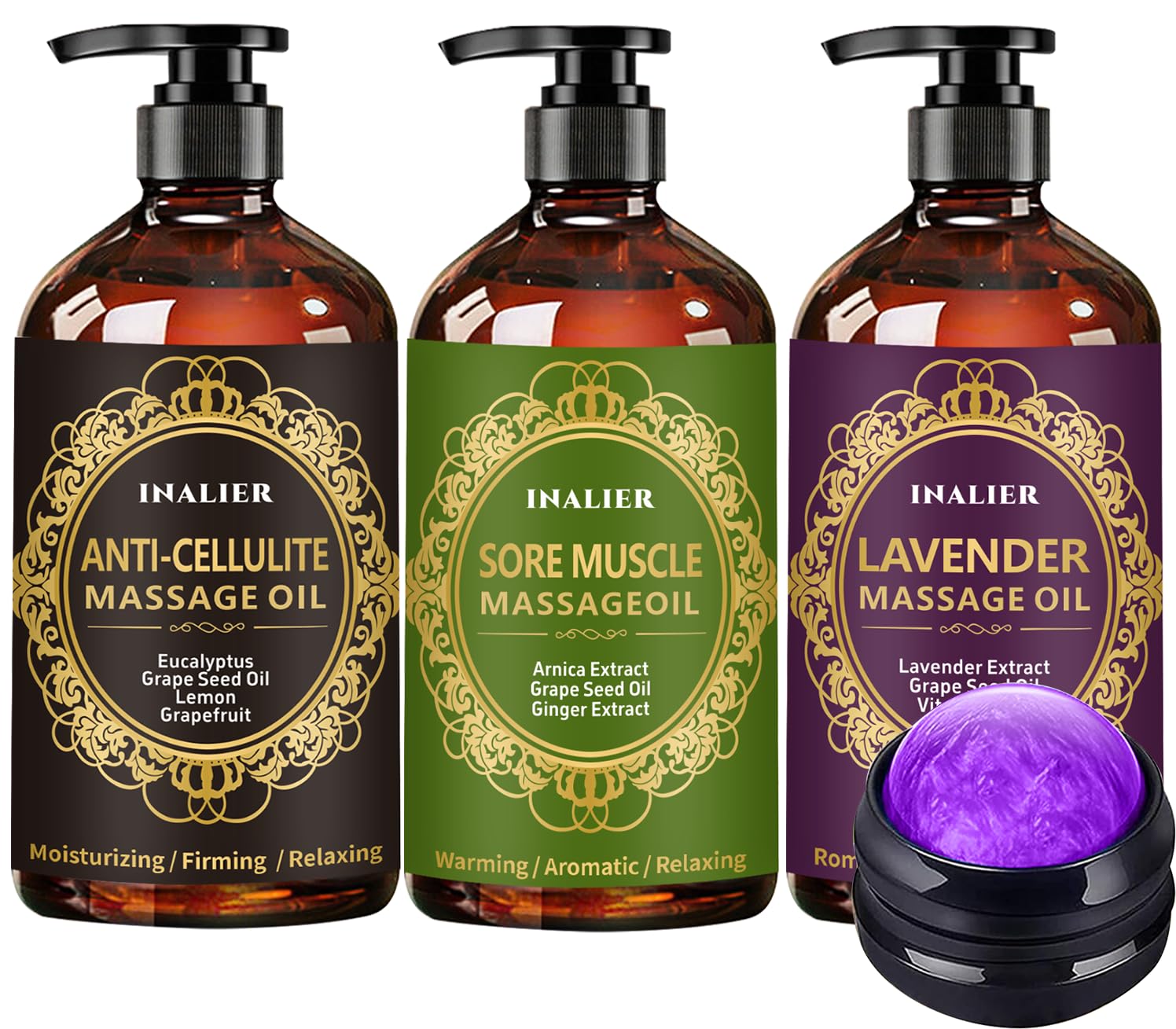 Massage Oil for Massage Therapy,Massage Kit Gifts for Women Men, 3 Pack Cellulite,Sore Muscle & Lavender Massage Oils with Massage Ball, Christmas Gifts Stocking Stuffers