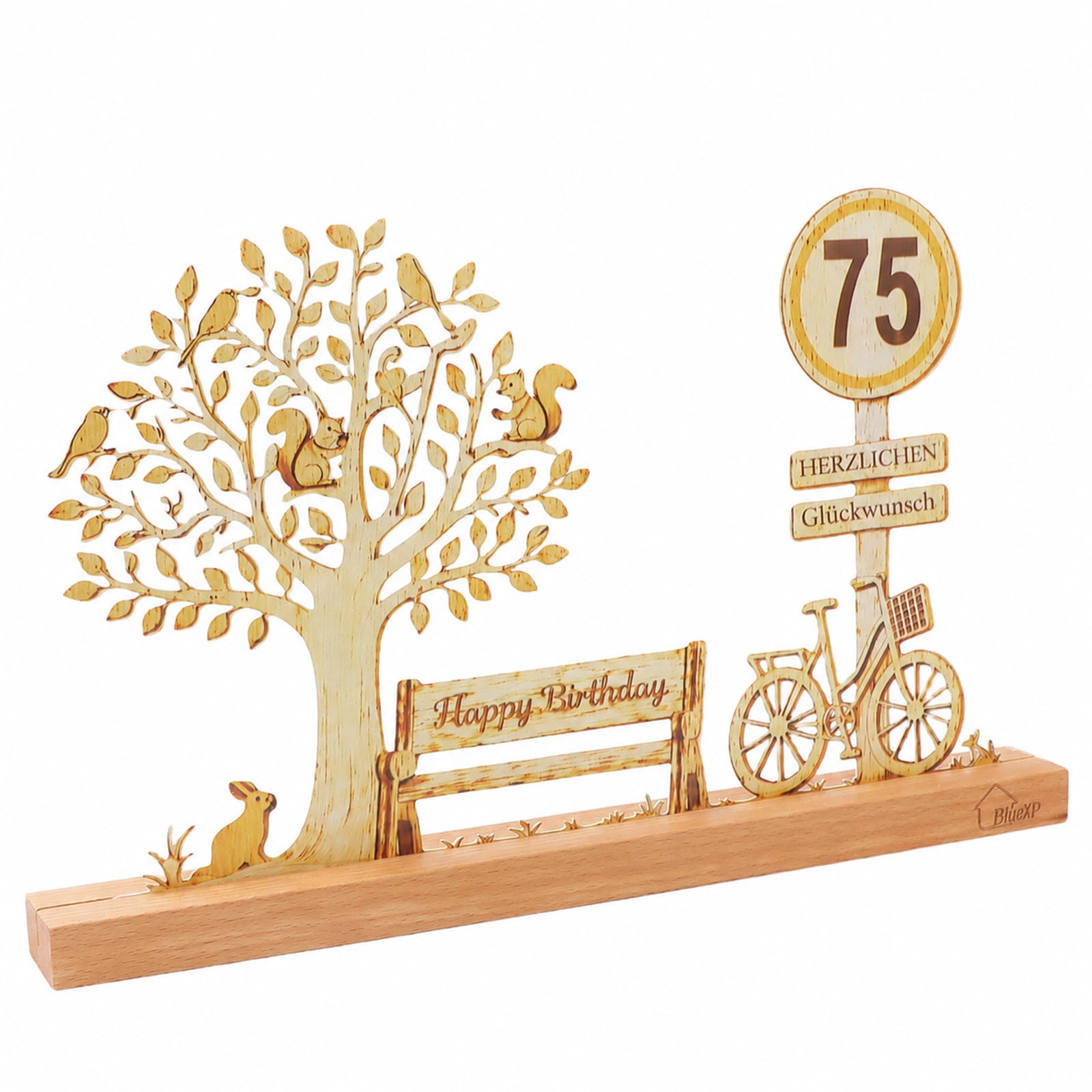 BlueXP 75 Geburtstag Geldbaum Deko Holz Lebensbaum Fahrrad Geschenk | Liebevolle Geburtstagsdekoration mit Lebensbaum Motiv Fahrrad und Bank Design perfekte Geschenkidee