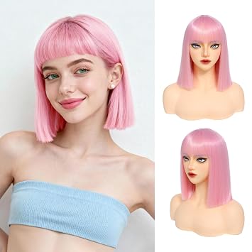 Light Pink Bob Wig With Bangs Short Straight Wig for women 13IN