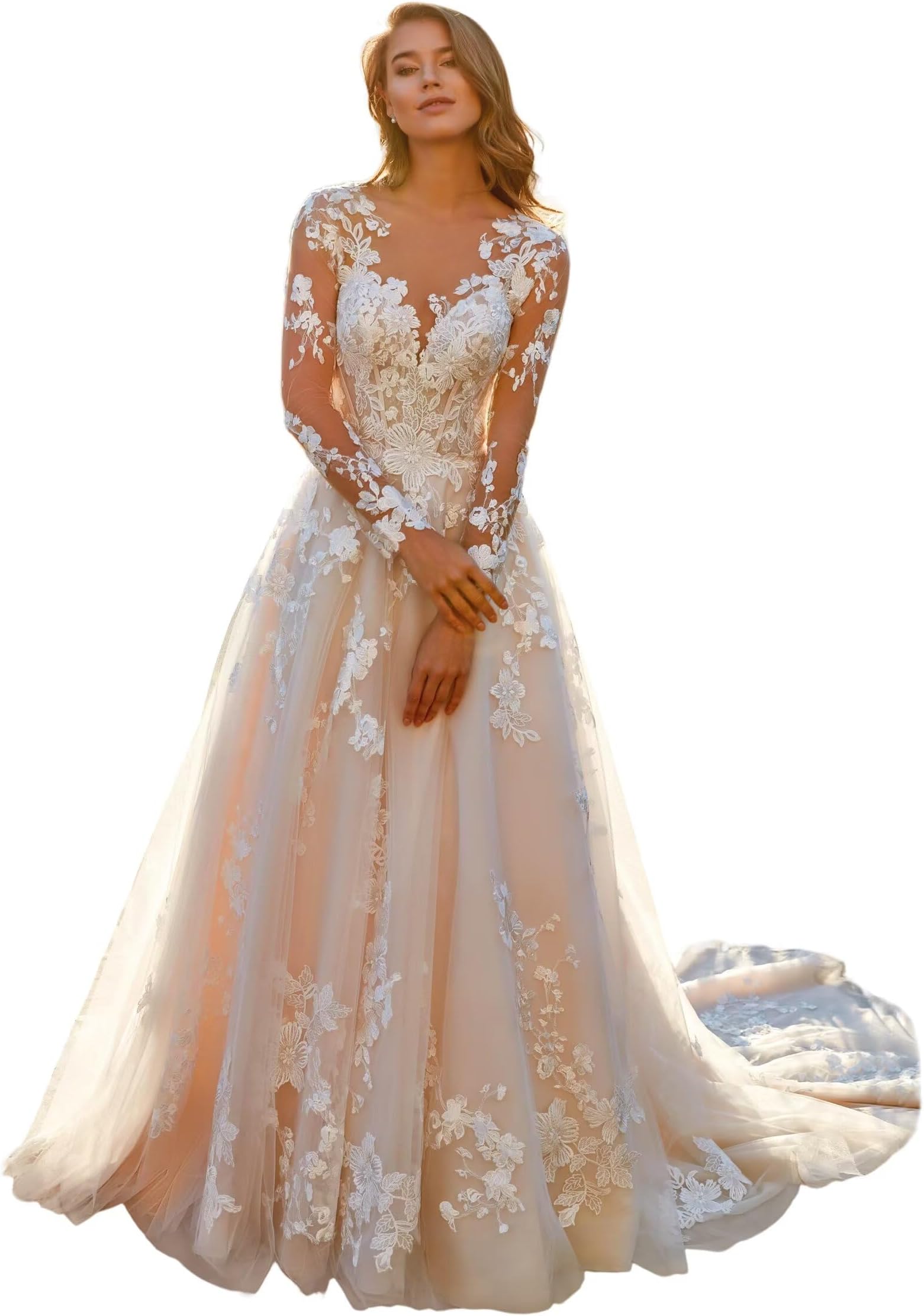 Miao Duo Plus Size Wedding Dresses Long Sleeves Lace Tulle Appliqued Bridal Wedding Gown for Women White 22W