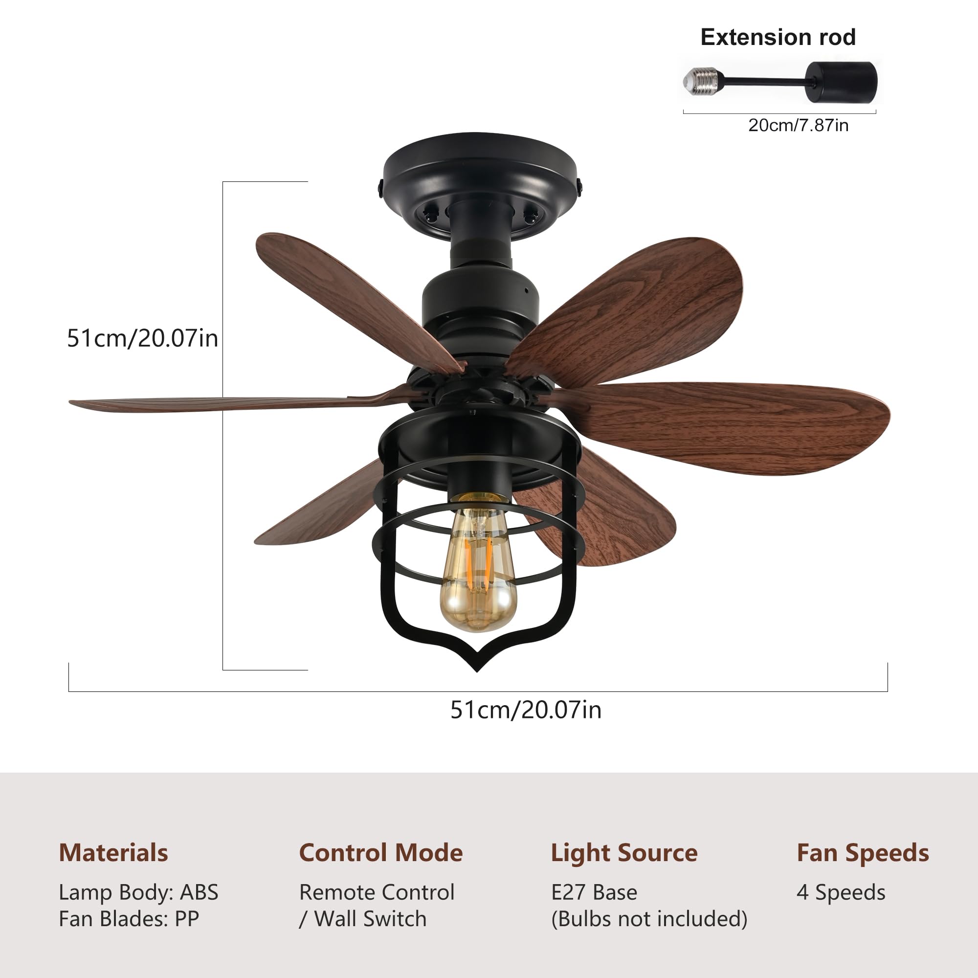Ganeed Klein Schraube-in Deckenventilator mit Licht und Fernbedienung Decke Lampe mit Ventilator Industrie-Stil Licht Ventilator E27 Fassung für Klein Schlafzimmer Waschküche Lager Garage Schwarz