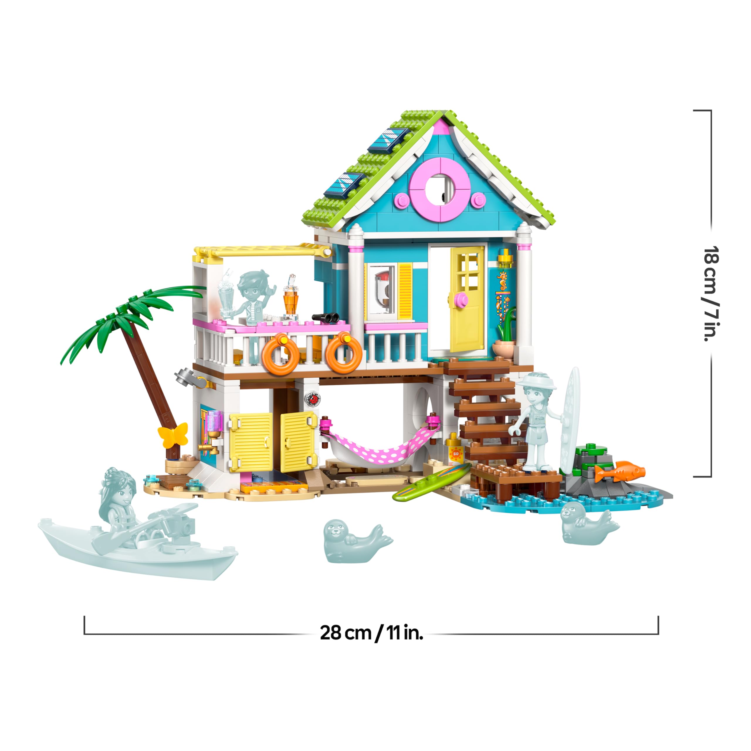 LEGO Friends Casa en la Playa con Focas - Casa de Juguete con 3 Mini Muñecos, 2 Figuras de Animales Marinos y Accesorios inc. Kayak y Tabla de Surf - Regalo de Cumpleaños para Niñas de 7+ Años - 42699