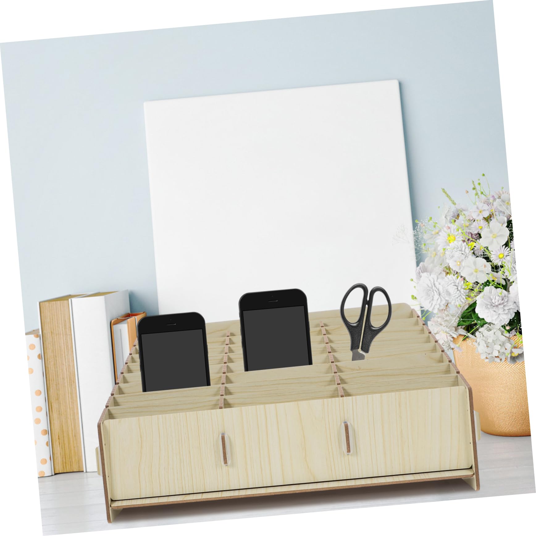 Cabilock Caja de Almacenamiento para Teléfono Celular Soporte de Madera para Escritorio Diseño de Múltiples Rejillas para Organización en Oficina o Aula