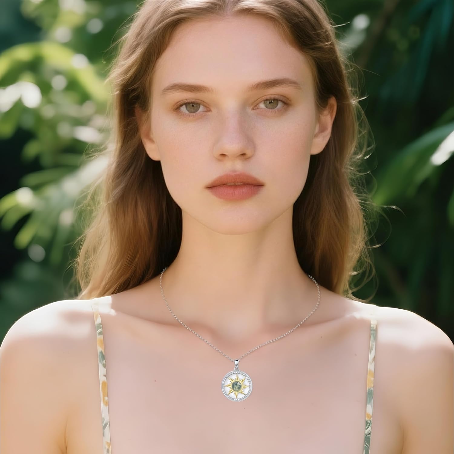 925 Sterling Silver Moss Agate Sunburst Pendant Necklace For Women, Natural Round Cut Green Moss Agate, Dainty Birthday Jewelry Gifts For Her - Image 2