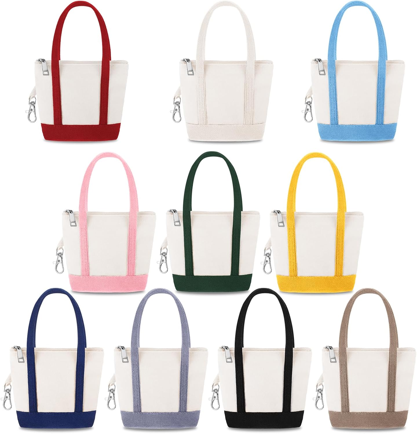 Kenning 10 Pcs Mini Canvas Tote Bags Keychain with Zipper 6.3" x 4.7" x 2" Small Tote Keychain Pouch Charm Cute Mini Cosmetic Handbag Purse with Metal Clip for Women Teacher Nurse Mom Colleague
