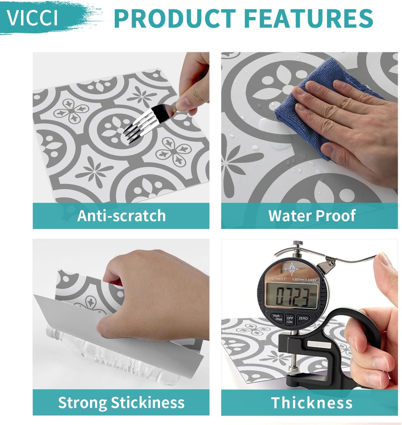 VICCI 24pcs Floor Tile Stickers Peel and Stick Backsplash Wall Tiles Decals 7.87"*7.87" Subway Sticker PVC Self-Adhesive for Kitchen Bedroom Bathroom Fireplace Laundry Table Decoration,Grey & White