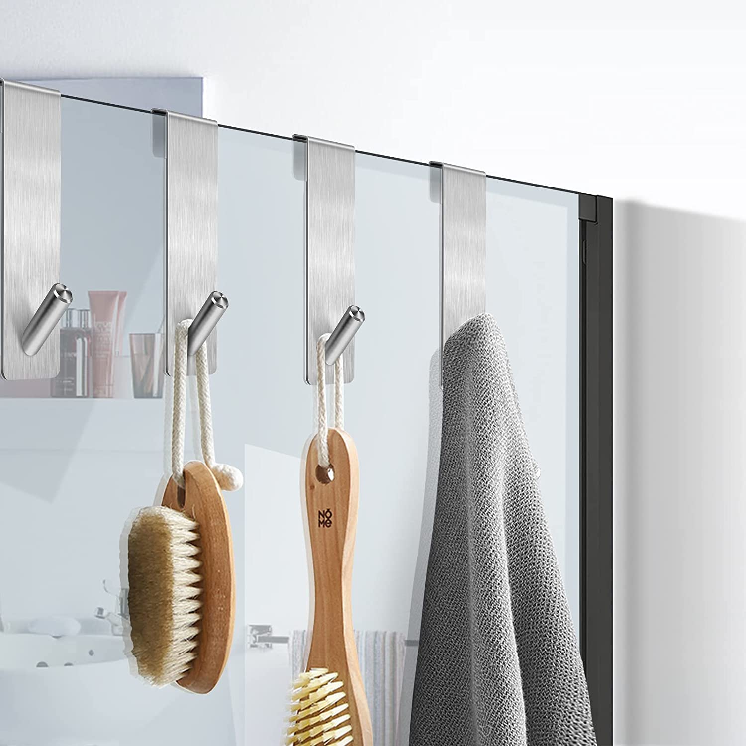 4 Piezas Gancho de Ducha, Gancho para Mampara de Ducha, Acero Inoxidable Sin Perforaciones Gancho de Puerta para baño Toallas Colgar-Plateado(17,8cm)