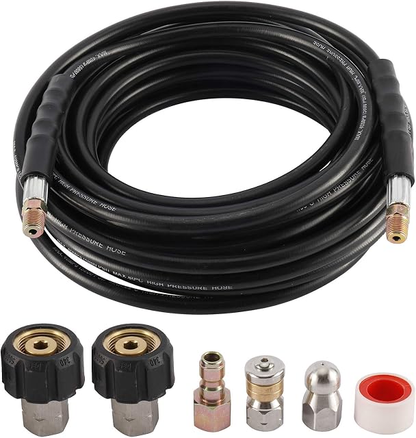 DasMorine Sewer Jetter Kit for Pressure Washer,1/4" NPT, Sewer Jet Hose,5800PSI,Rotating Sewer Jetter Nozzle, Button Nose Sewer Jetter Nozzle,Coupler,1/4" Quick Disconnect Plug (30m)
