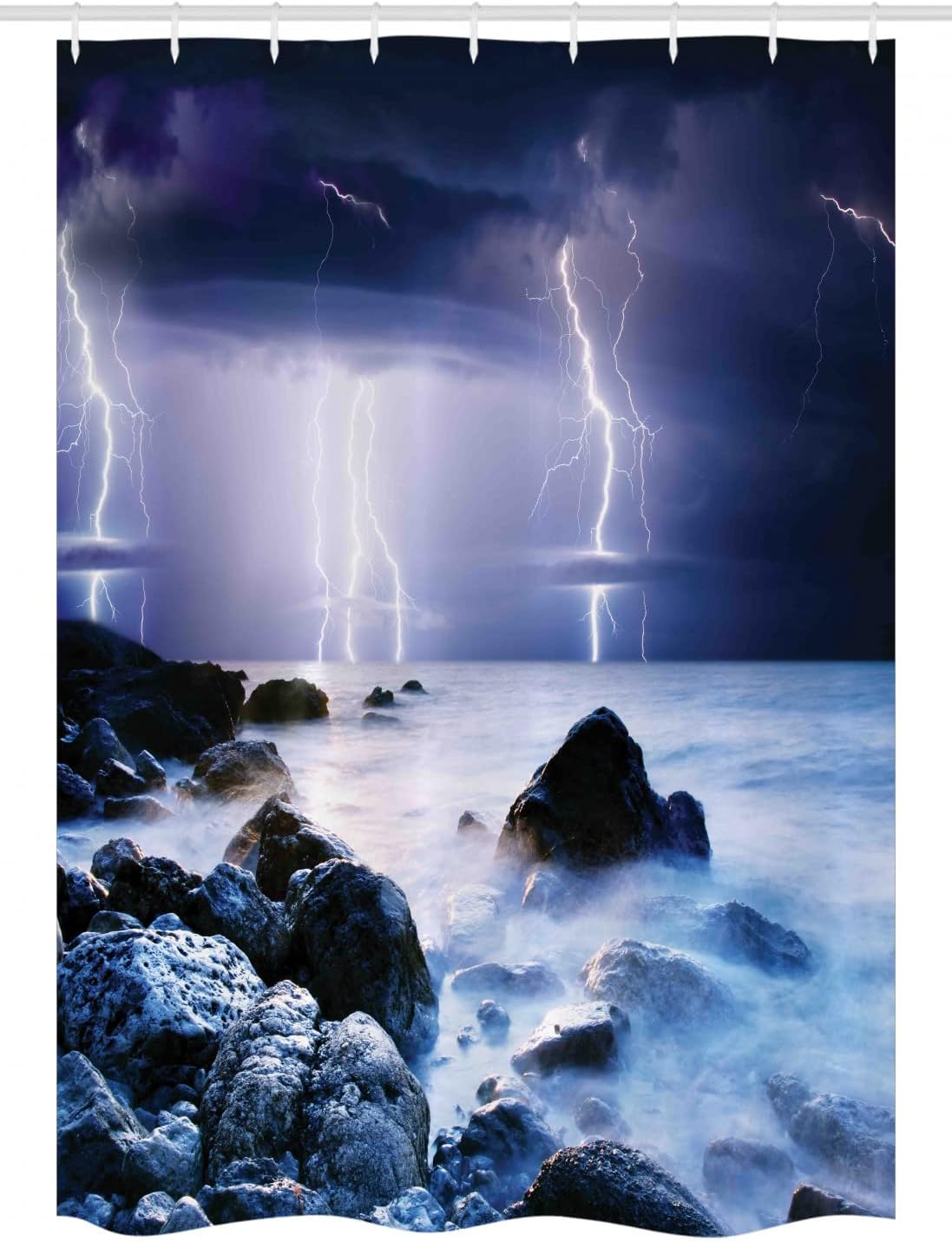 Ambesonne Nature Stall Shower Curtain, Summer Storm Bolts Over The Rocks in Ocean Nightmare Theme Weather Nature Image, Fabric Bathroom Decor Set with Hooks, 54" W x 78" L, Purple Grey