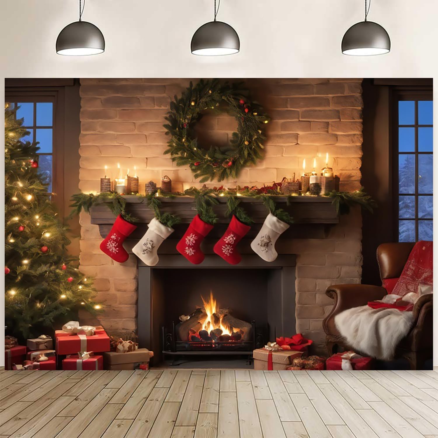 Amazon.com : 10x8ft Christmas Backdrop Interior Burning Fireplace Xmas ...