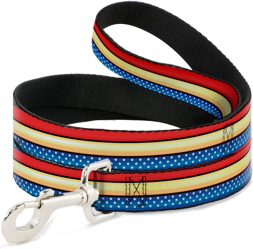Dog Leash Wonder Woman Stripe Stars Red Gold Blue White 6 Feet Long 1.0 Inch Wide