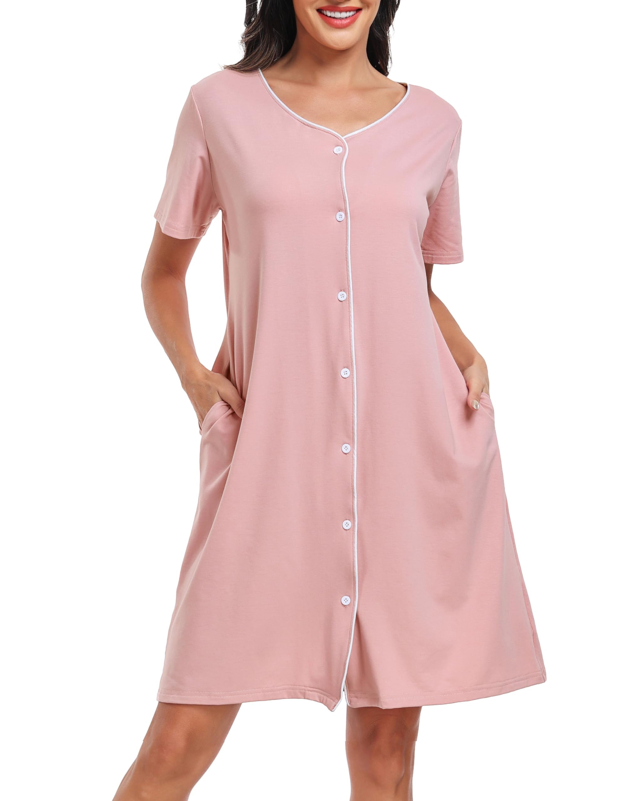 Lovasy Camisones De Mujer Verano Manga Corta Botones Pijama Algodón Mujer Camisón con Bolsillos
