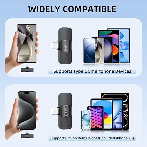 Miniatura 6 de BOYA Micrófono Lavalier inalámbrico para Android USB C Smartphone Tablet Cancelación de ruido externa Mini solapa tipo C micrófono para iPhone 15