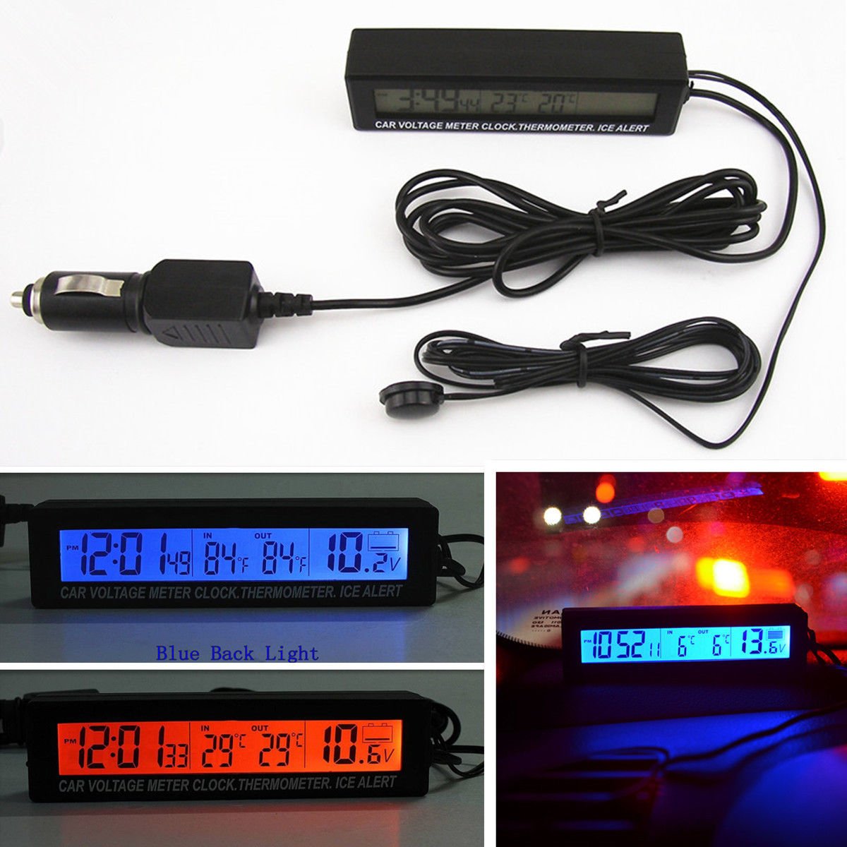 Volt Meters 12V/24V Digital LCD Clock In/Out Thermometer ICE Alert Kit