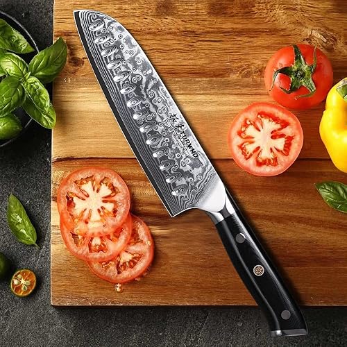 Vista 3 de TURWHO Cuchillo Santoku profesional de 7 pulgadas, diseño clásico de damasco japonés VG-10 cuchillo de chef de acero