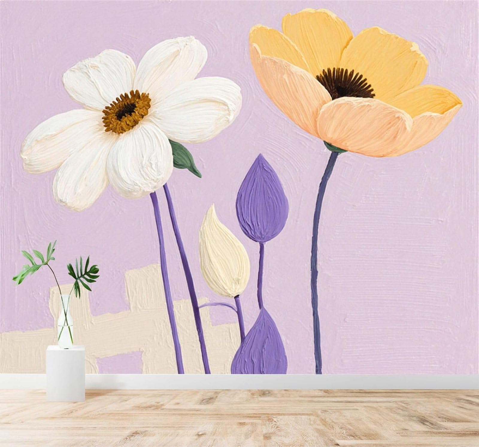 XLMING Hand Drawn White and Yellow Flowers Abstract Purple 3D Wallpaper Silky Texture Home Study Office Grey Dining Room Sofa Bedroom Living Room TV Backdrop-250cm×170cm