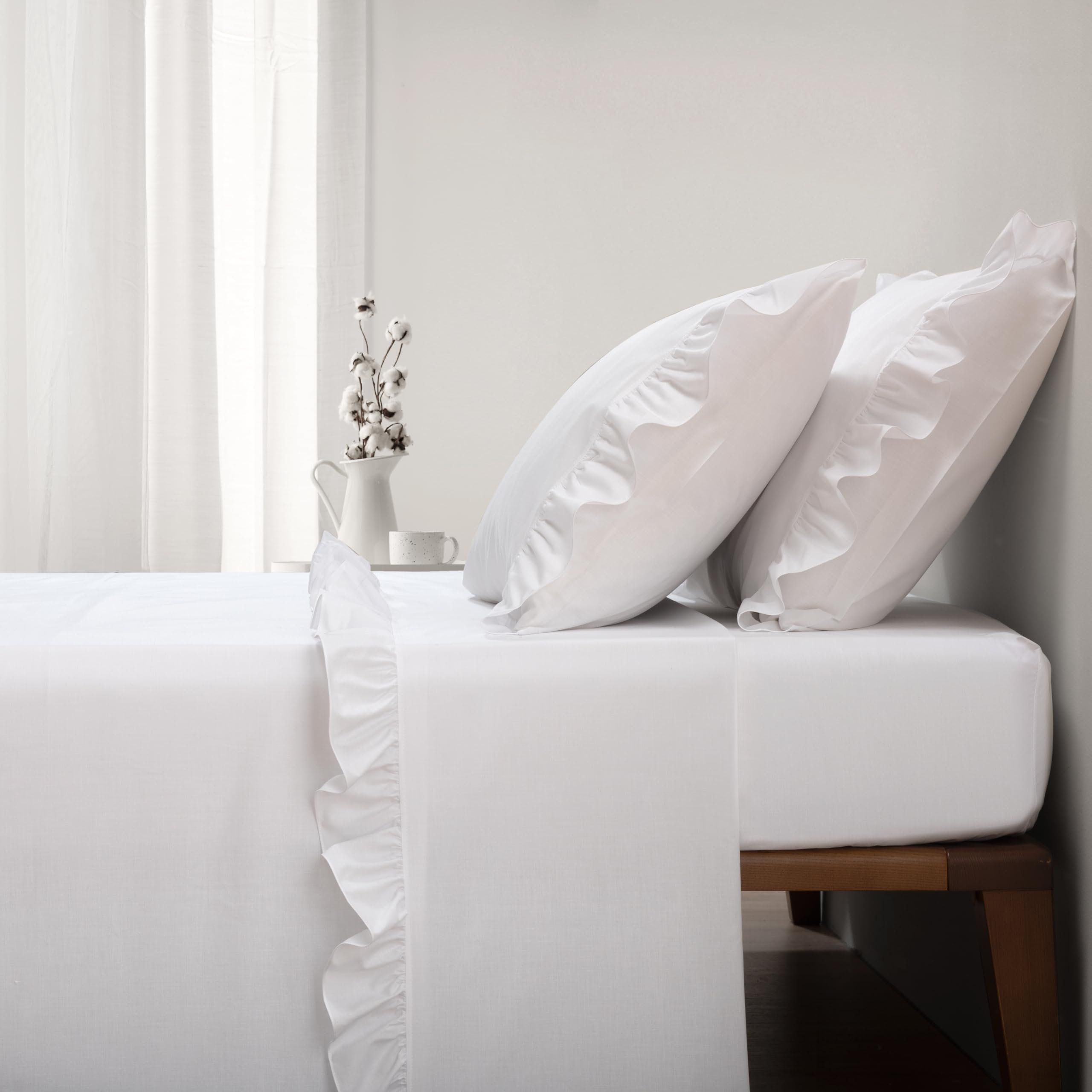Sábanas Blancas para Cama de 140 con Volantes 558-100% Algodón de 200 Hilos - Sábana Encimera, Sábana Bajera Ajustable y Dos Fundas de Almohada