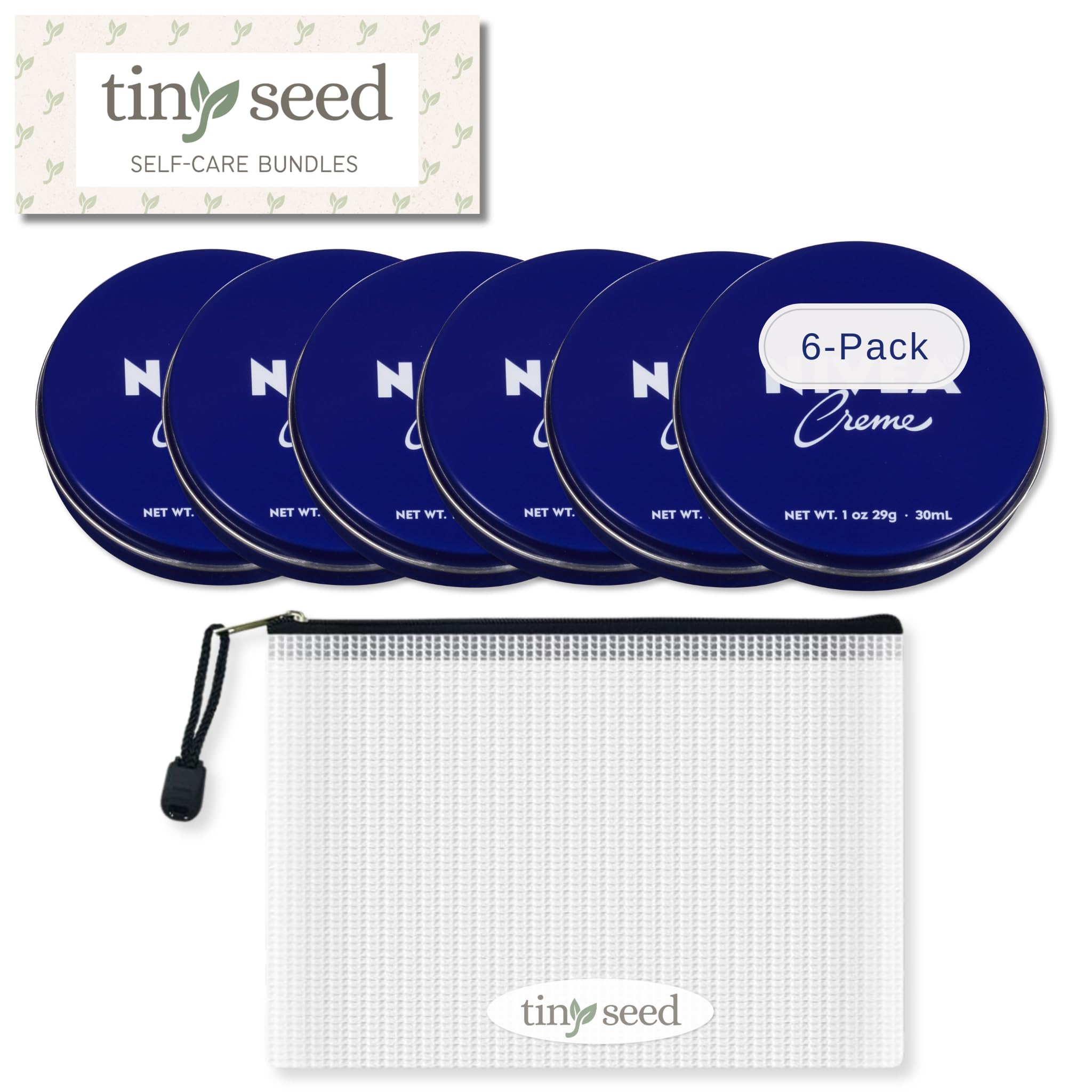 TINY SEED Travel Kit: 6-Pack Creme 1 oz Travel Size Tins. Cream Moisturizer for Face, Hands, and Body. Includes Complimentary Travel Zipper Pouch