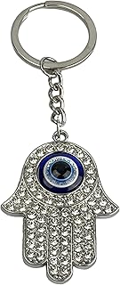 سلسلة مفاتيح بتصميم خمسة وخميسة لامعة مع عين حسود زرقاء - سلاسل مفاتيح بتصميم خمسة وخميسة أو يد فاطمة مع لؤلؤ لامع - أكسسوار سلسلة مفاتيح لمحبي تصميم العين الزرقاء، دريم كاتشر للجنسين