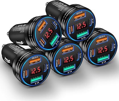 5-Pack Car Charger, Ancekoy 65W 4-Port Car Charger Adapter with Voltmeter