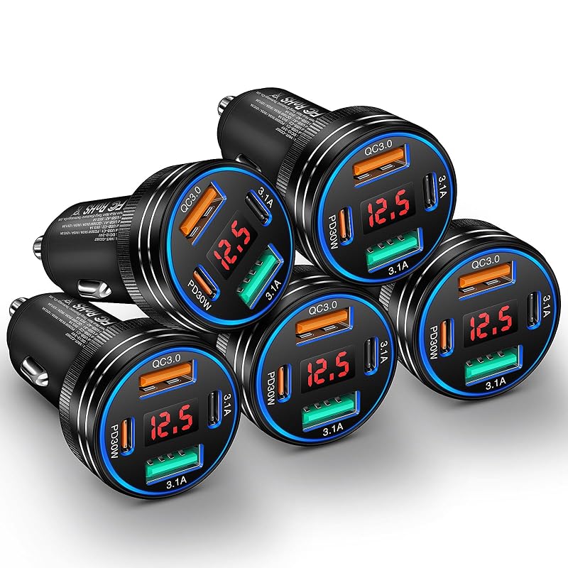 Carregador veicular Ancekoy 65 W com 4 portas USB, voltímetro e suporte PD3.0/QC3.0, preto, kit com 5 unidades