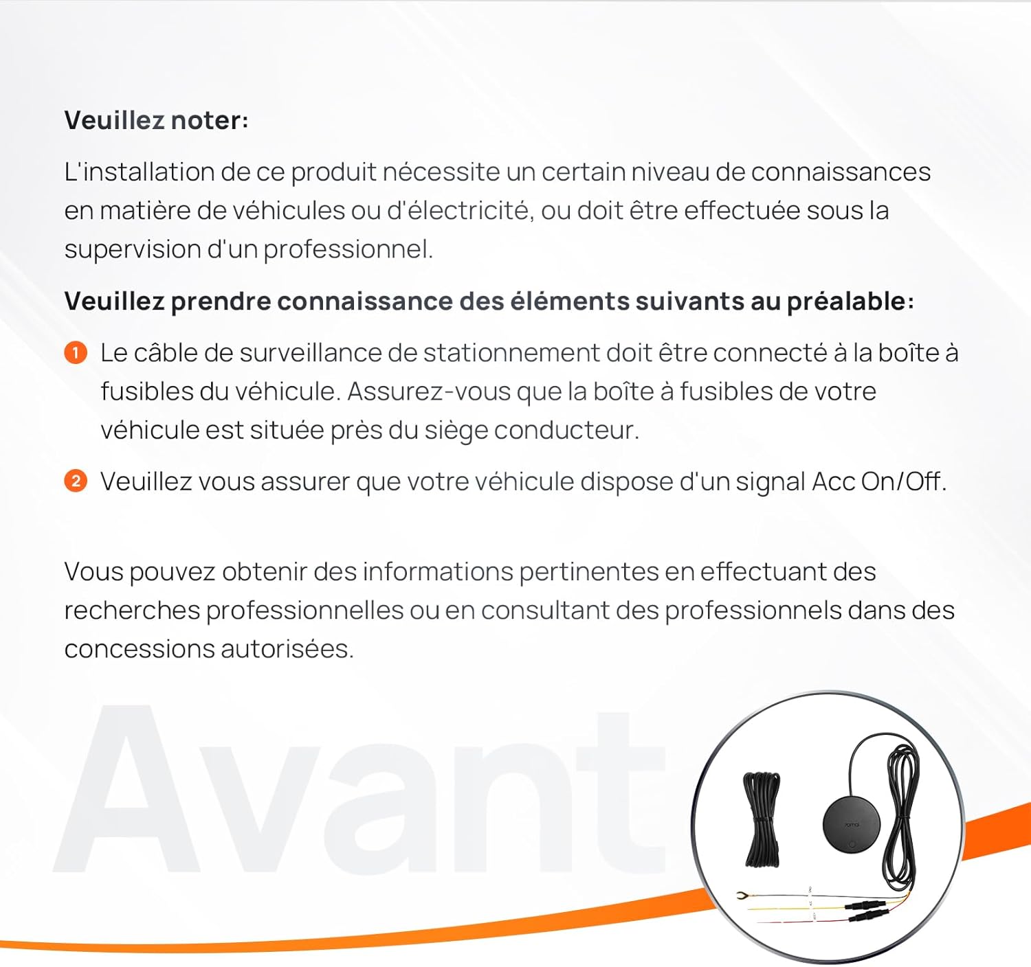 Important notes regarding hardwire kit installation, emphasizing the need for electrical knowledge and fuse box connection.