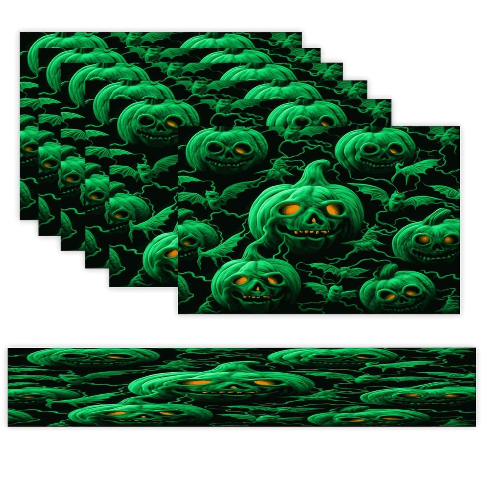 Green Ghost Horror Halloween Pumpkin Table Runner and Placemats Set of 6 for Kitchen Washable Table Mats Heat Resistant Place Mats Non-Slip Place Mat Wipeable Placemat(6 Placemats+1 Table Runner)