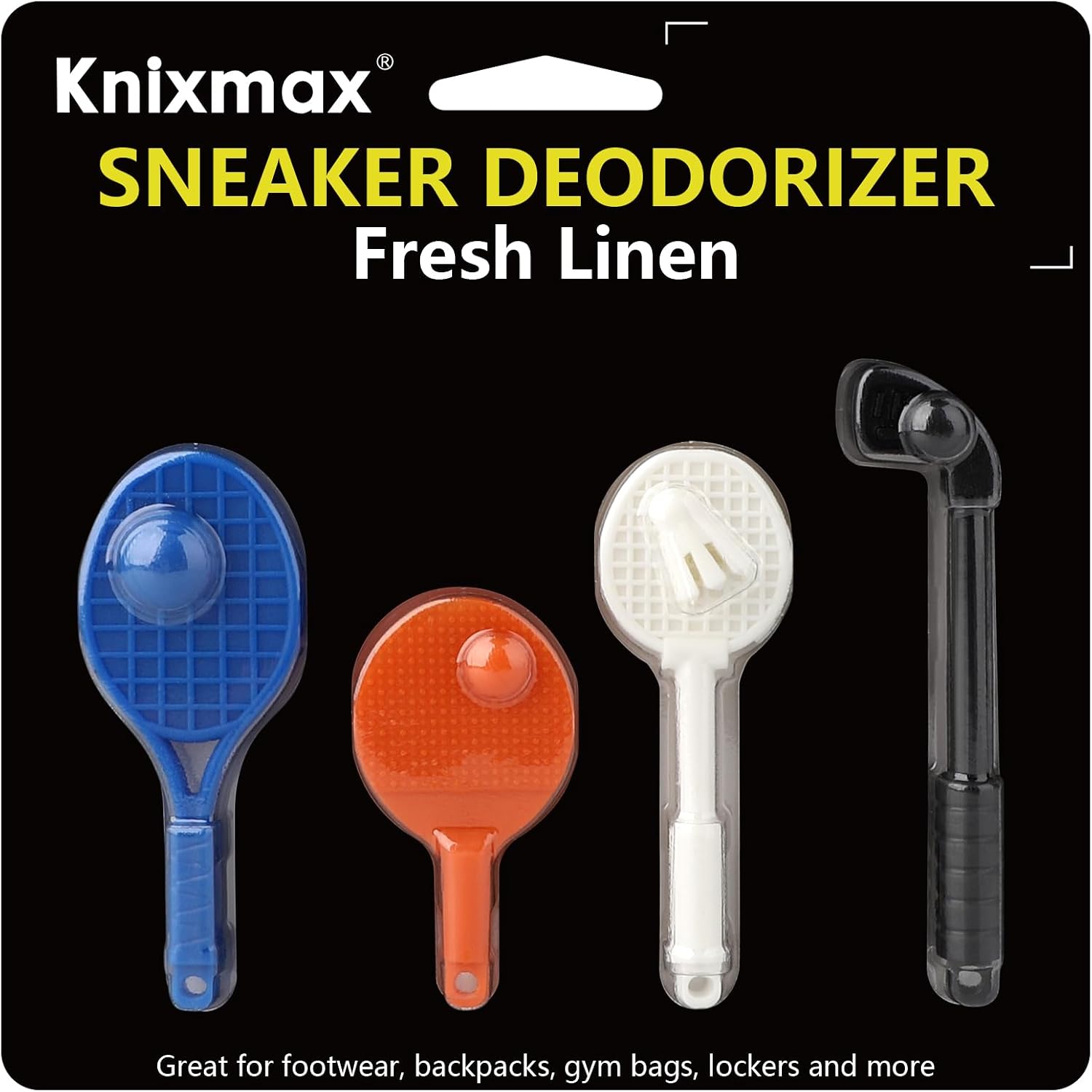 Knixmax Sneaker Deodorizer Racquets with Fresh Linen Scent 4 Packs, Air Fresheners for Sprot Shoes Gym Bags Lockers, Effectively Remove Unpleasant Odors & Gifts for Sport Lovers Teens