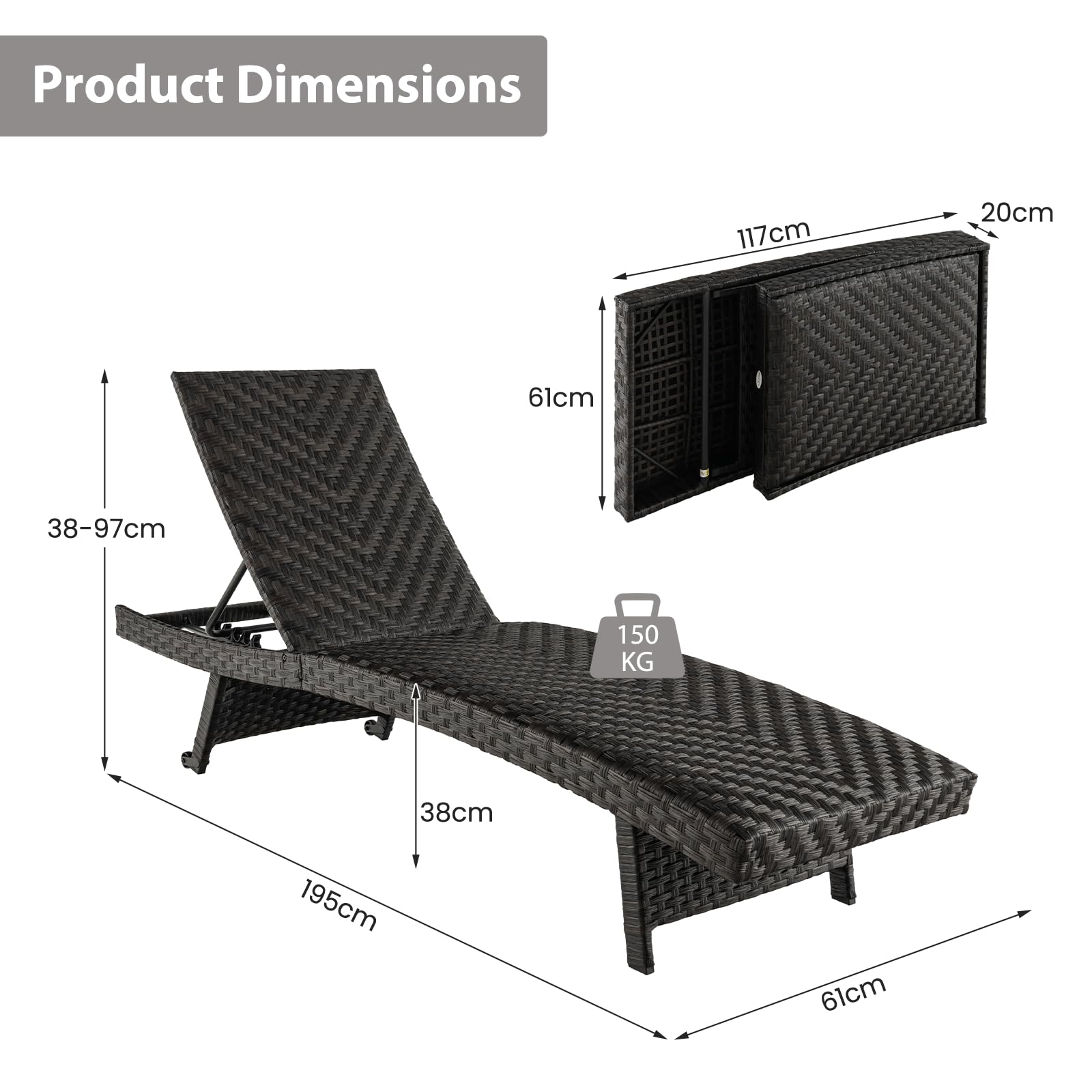 LIFEZEAL Tumbona Plegable de poliratán, Tumbona de jardín con 2 Ruedas, Tumbona de ratán con Respaldo Ajustable en 5 Posiciones, para balcón y terraza, hasta 150 KG