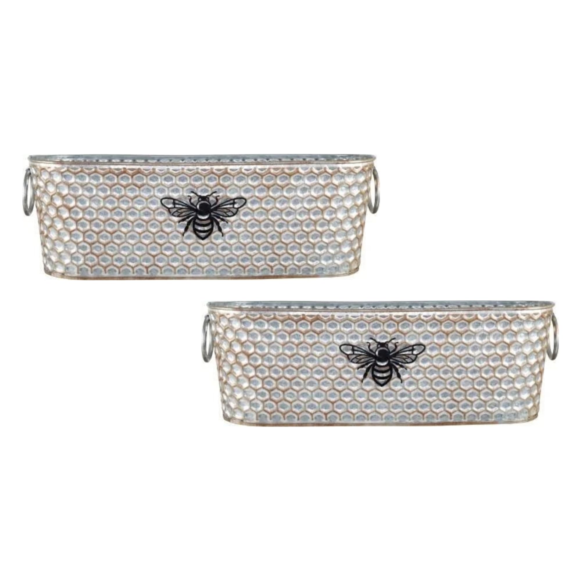 Fyne-Finds 40cm Metal Trough Window Box Honey Comb Bumble Bee Plant Pot Tin Pail Planter Gold Decor Weatherproof