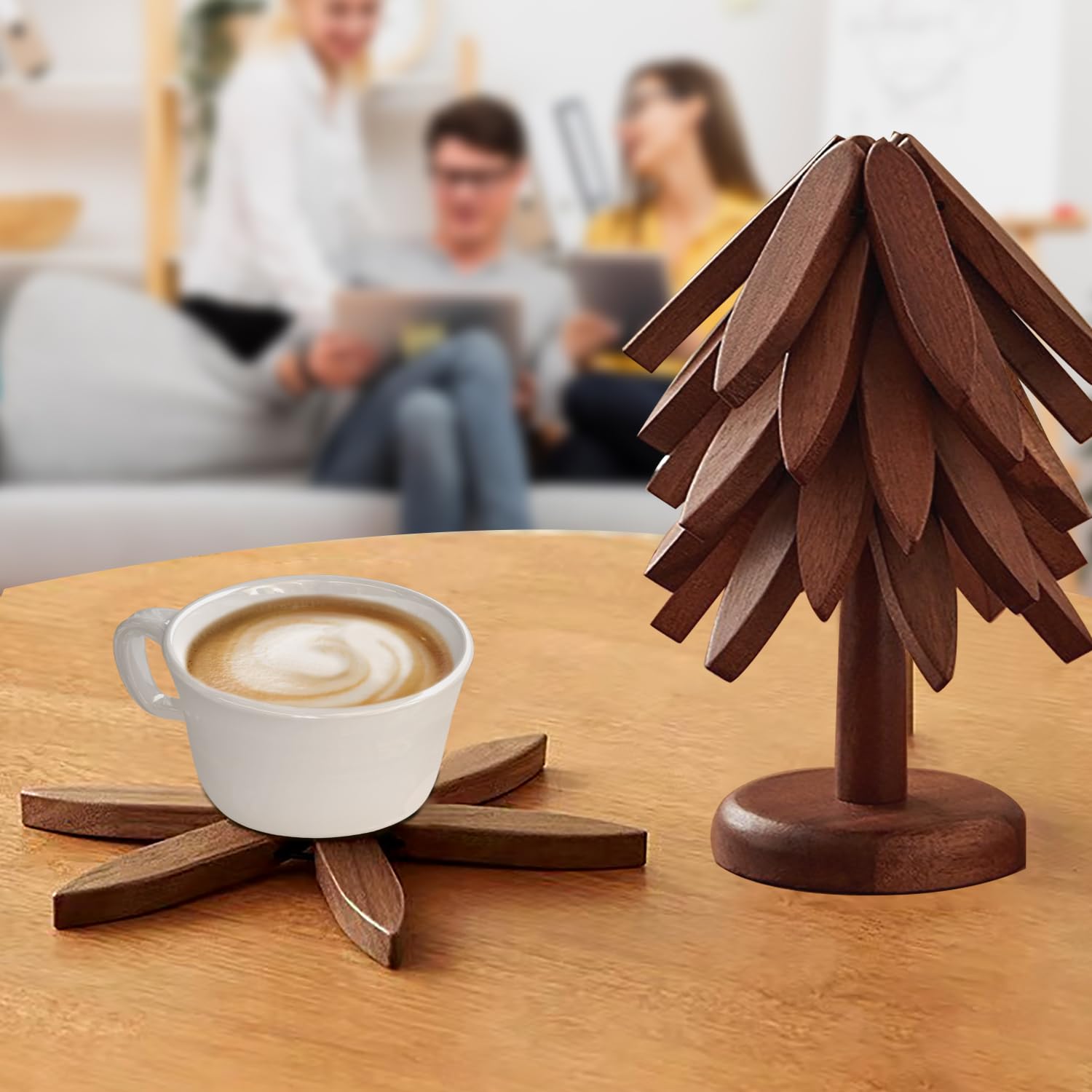 Wooden Tree Trivet Set – 5 Foldable Hot Pads For Pots & Dishes (Walnut)