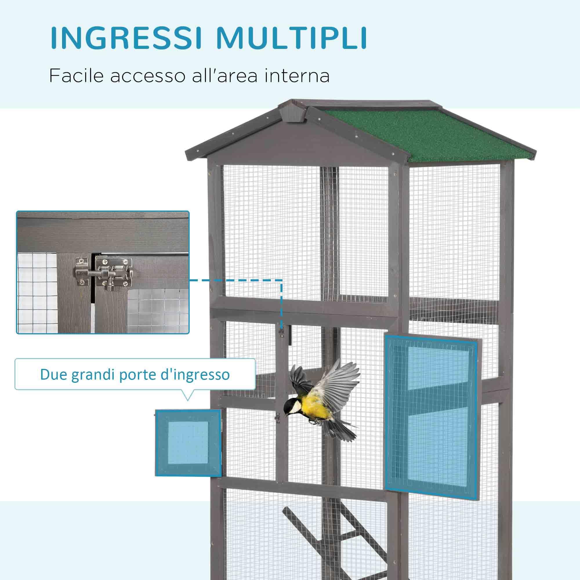 PawHut Gabbia per Uccelli in Legno di Abete e Rete Metallica, Voliera per Uccelli da Esterno con 2 Porte, Tetto in Asfalto e Vassoio Estraibile, 68x63x165 cm, Grigio Chiaro