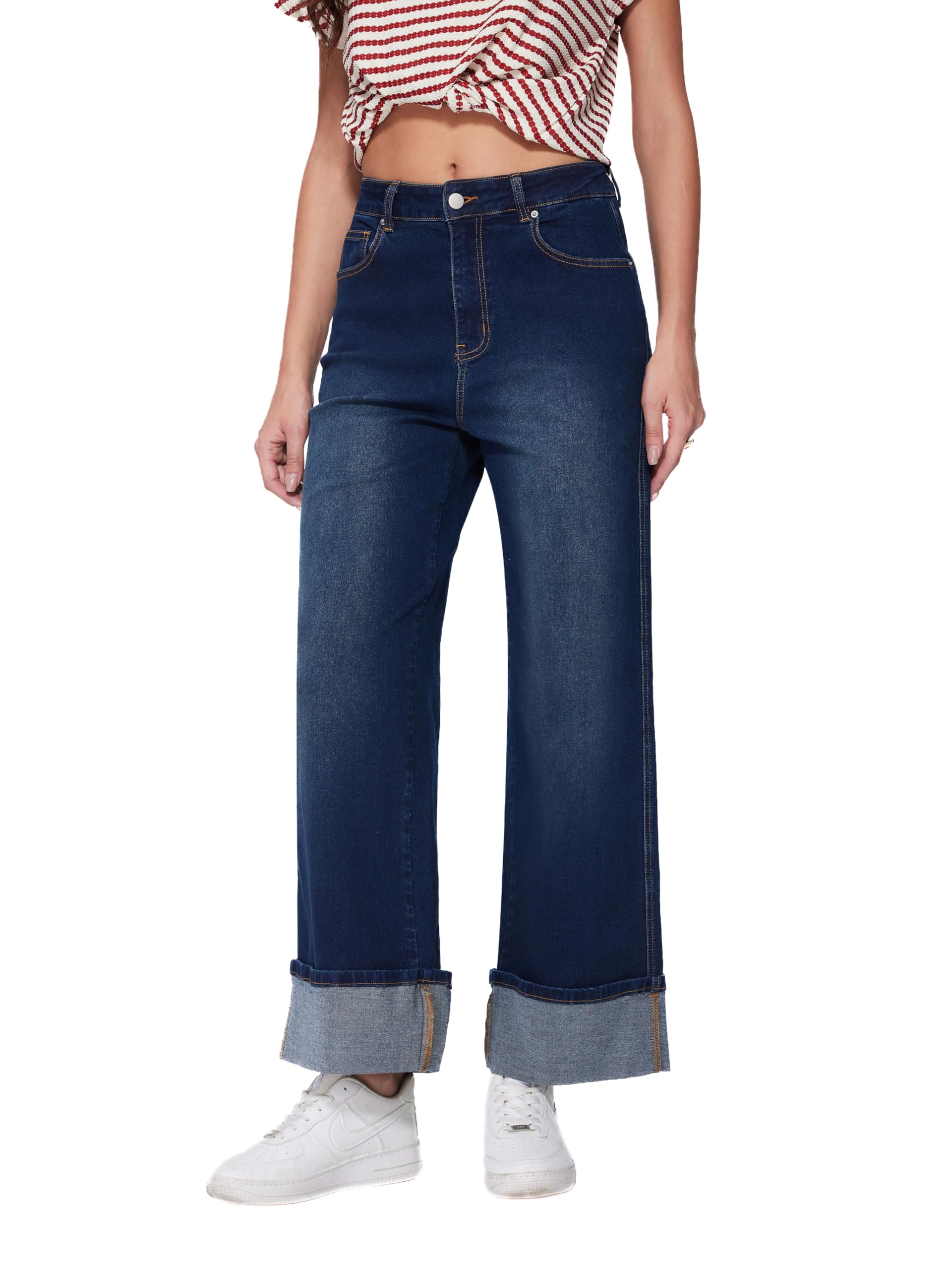 Vinova Womens Wide Leg Baggy Jeans Stretchy Folded Hem Cuffed Boyfriend Denim Pants Trendy Straight Leg Trouser Jeans