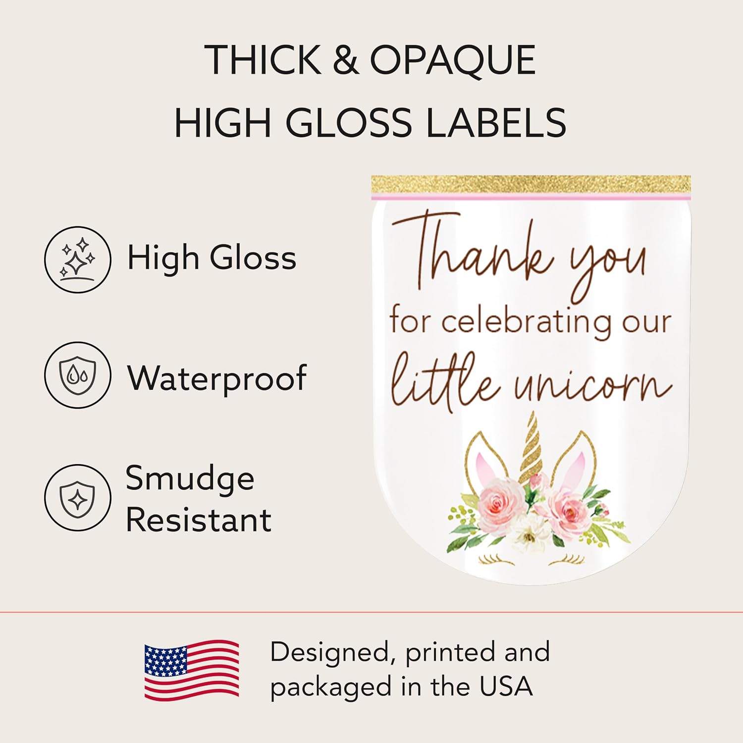 30 Pack 1 oz Mini Hand Sanitizer Labels for Girl Baby Shower – Thank You for Celebrating Our Little Unicorn Favor Stickers High Gloss Pink Gold Floral Unicorn Birthday Party Favors for Gifts S640-1
