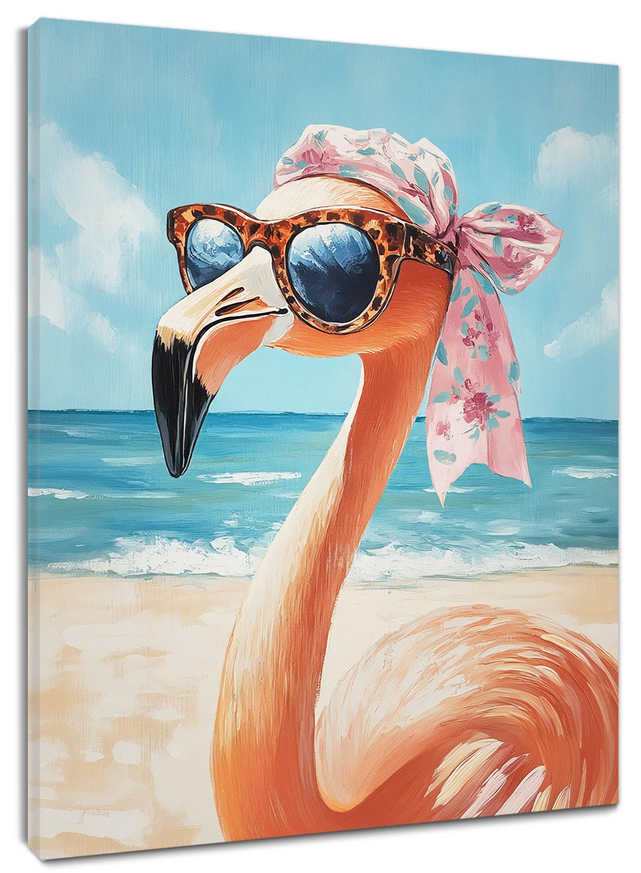 HVEST Beach Flamingo Wall Art for Living Room Funny Pink Bird Tropical Animal Summer Canvas Wall Art Blue Ocean Coastal Beachy Pictures for Bathroom Bedroom Office Wall Decor,20L X 16W Inches