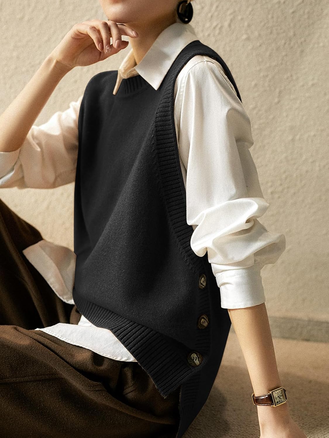 Wowcarbazole Women's Sleeveless Sweater Vest Casual Crew Neck Ribbed Knit Pullover Tops Loose Fit Full Clothes - Image 3