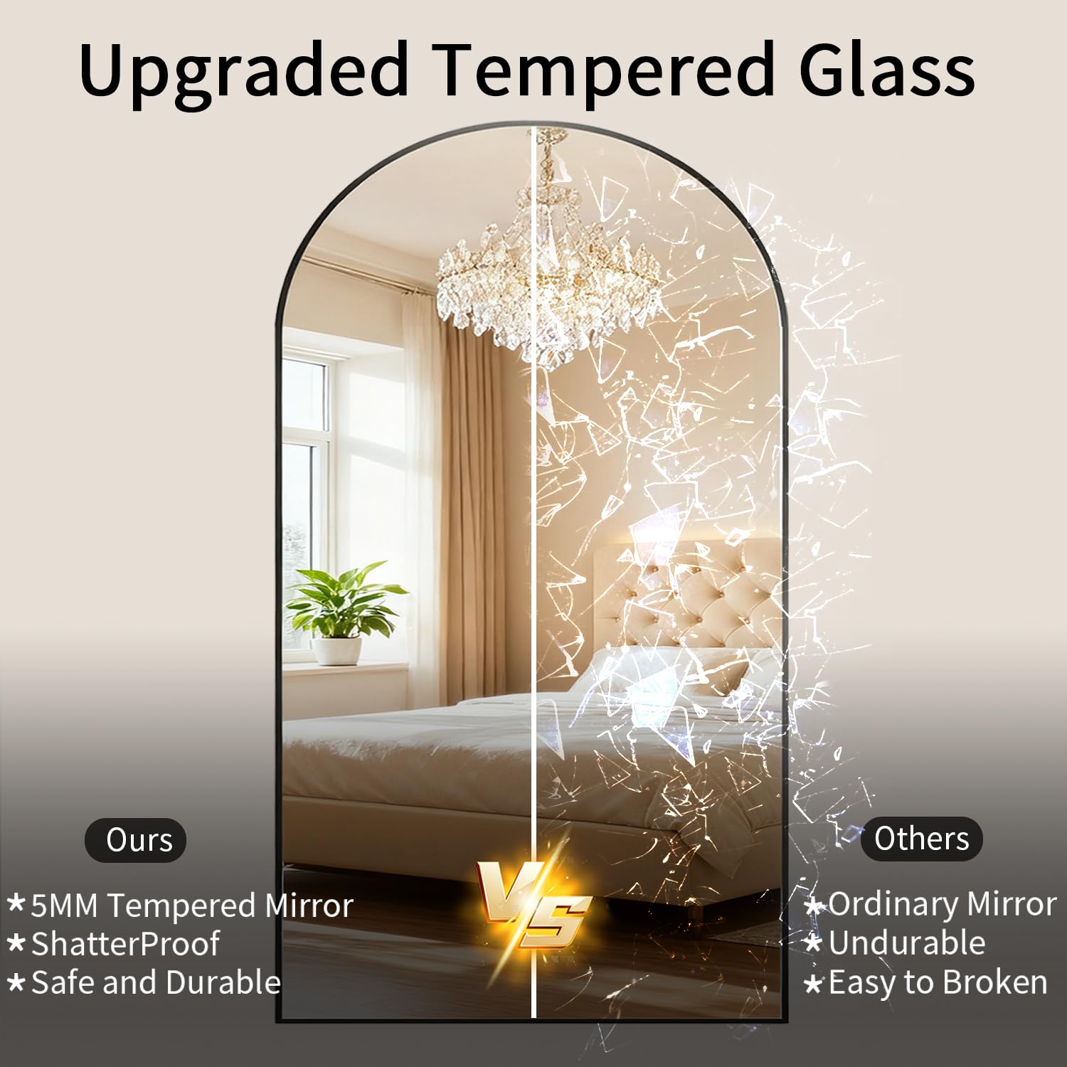 Ganzkörperspiegel, 218x102 cm Groß Bogen Standspiegel aus Gehärtete Glas, Hängend oder Lehnend Wandspiegel für Schlafzimmer, Wohnzimmer, Ankleidezimmer, Schwarz