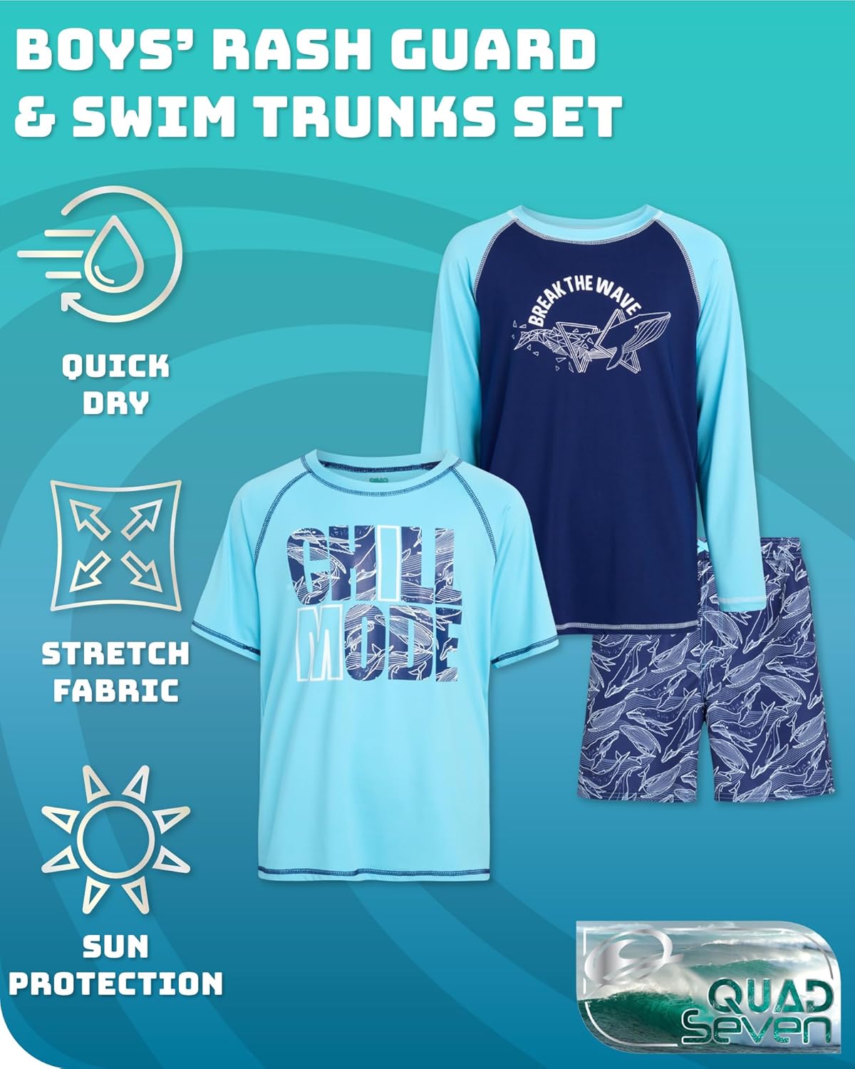 Quad Seven Boys Swim Set - 3 Piece Toddler Swim Trunks Boys Rash Guard Long Sleeve and Short Sleeve Kids Swimwear (2T-7)