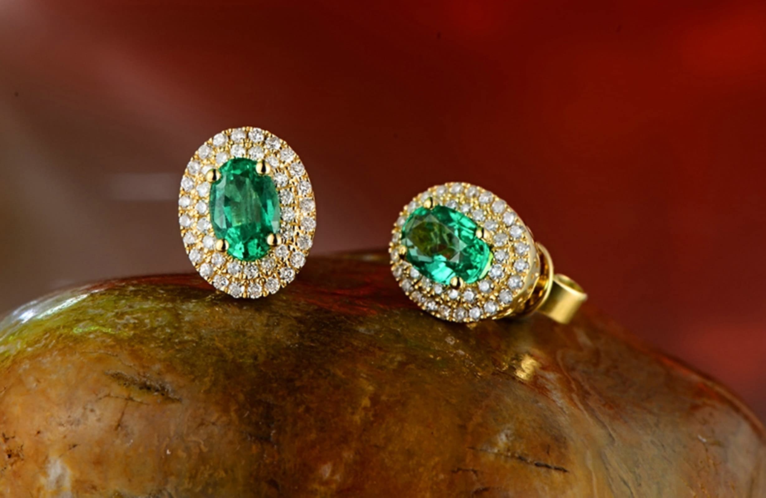 Epinki 18K Gold Damen Ohrringe Oval Glitzer Diamant Ohrstecker Gold mit Weiß Grün Diamant Smaragd